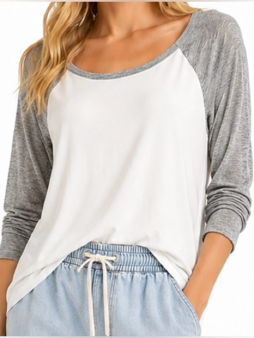 Express Women's Gray & White Raglan Sleeve Scoop Neck Mixed Media Jersey Top